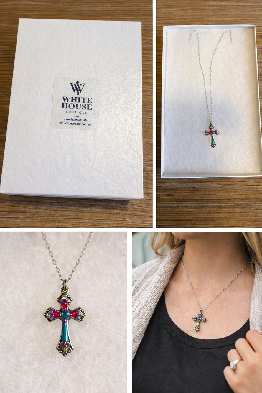 White House Boutique Cross Necklace – Colorful Gem Pendant